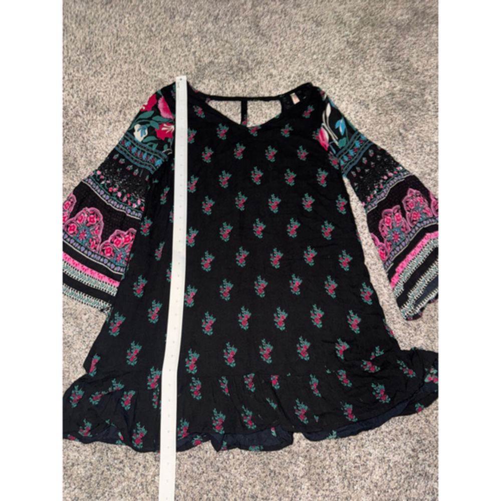 Women's True Destiny Black Pink Floral Bell Sleeve Mini Dress M​